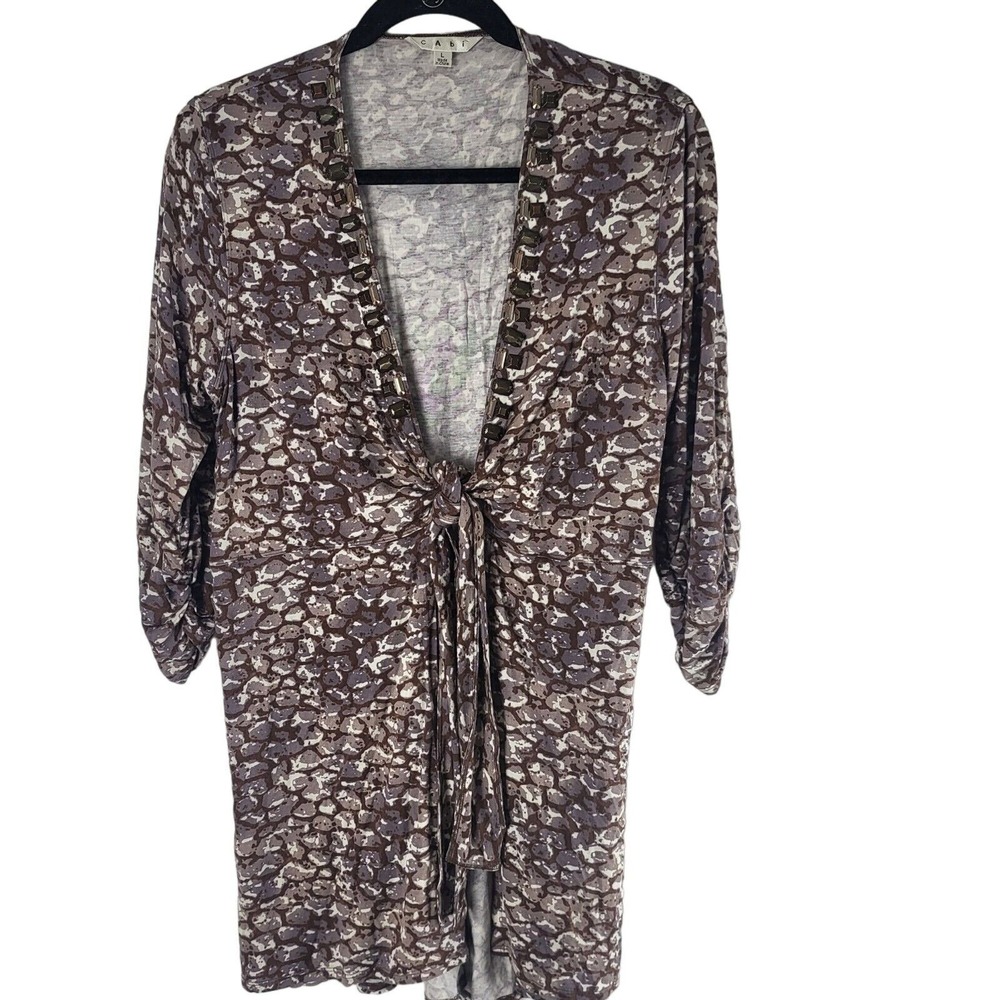 Cabi Tie Front Blouse‎ L Womens V Neck Long Sleeve Brown Grey Beaded Casual